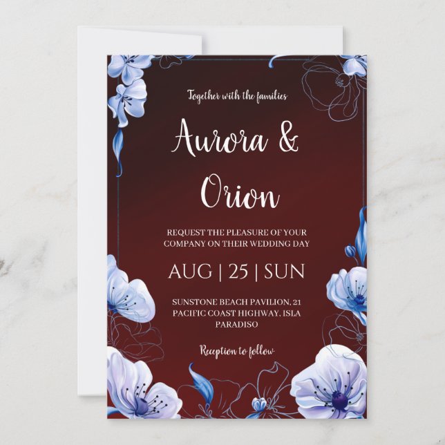 modern navy blue and burgundy wedding invitations inbjudningar (Framsida)