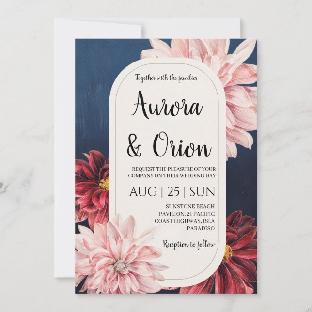 modern navy blue and burgundy wedding invitations inbjudningar (Framsida)
