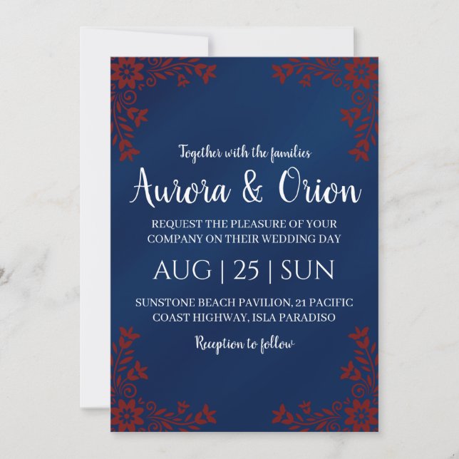 modern navy blue and burgundy wedding invitations inbjudningar (Framsida)