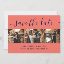 Modern Navy Blue and Coral Photo Collage Spara Datumet