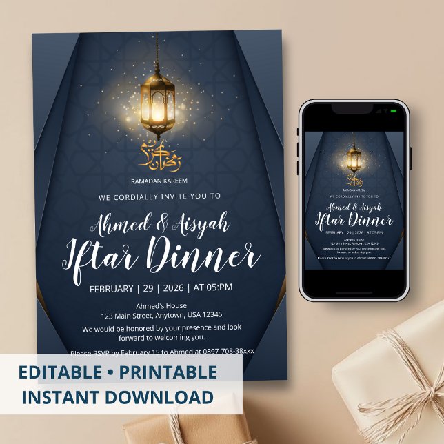 Modern Navy Blue and Gold Glowing Lantern Iftar Inbjudningar (Skapare uppladdad)