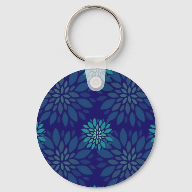 Modern Navy Blue and Green Floral Leaves Pattern Nyckelring (Framsida)
