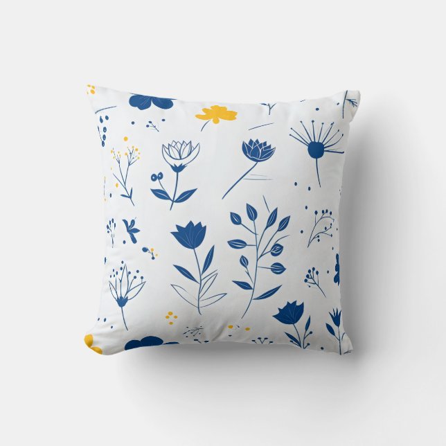 Modern Navy Blue and Gult Blommigt Dekorativ kudde (Framsida)