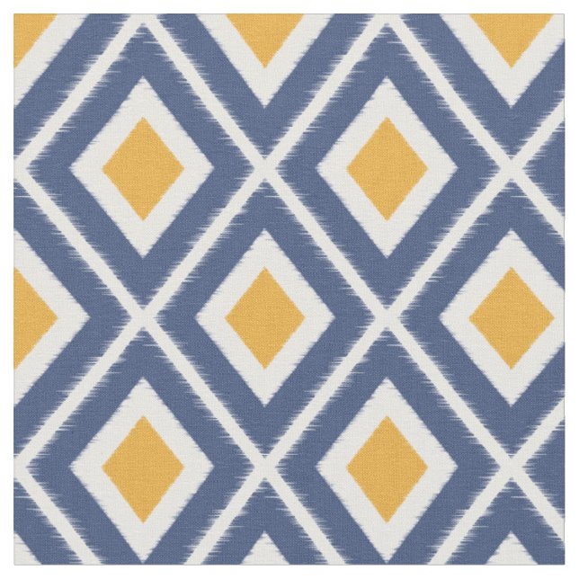 Modern Navy Blue and Mustard Gult Ikat Mönster Tyg (Närbild)