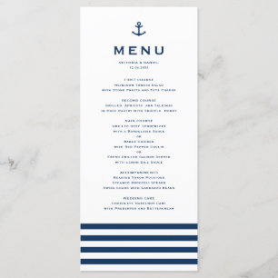 Modern Navy Blue and White Anchor Nautical Bröllop Meny