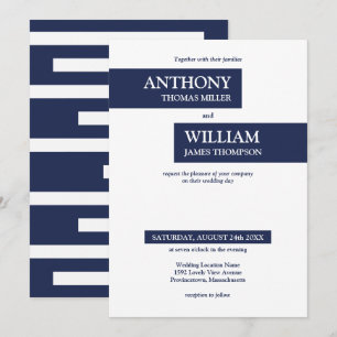 Modern Navy Blue and White Geometric Linjer Bröllo Inbjudningar