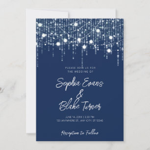 Modern Navy Blue and White Hanging Ljus Bröllop Inbjudningar