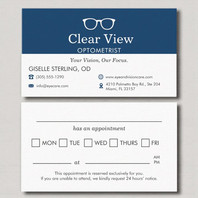 Modern Navy Blue Appointment Reminder Optometrist Tidsbeställning Kort (Skapare uppladdad)