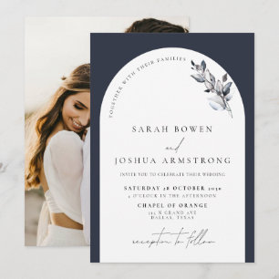 Modern Navy Blue Arch Botanical Photo Bröllop Inbjudningar
