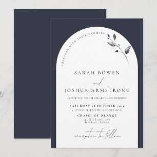 Modern Navy Blue Arch Botanical Script Bröllop Inbjudningar