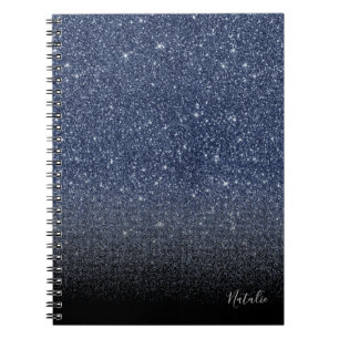 Modern Navy Blue & Black Ombre Glitter med Namn Anteckningsbok