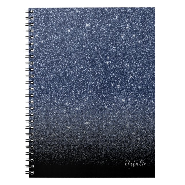 Modern Navy Blue & Black Ombre Glitter med Namn Anteckningsbok (Framsidan)