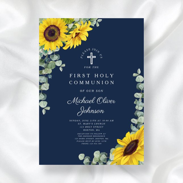 Modern Navy Blue Blommigt First Heliga Communion Inbjudningar (Modern Navy Blue Floral First Holy Communion Invitation)