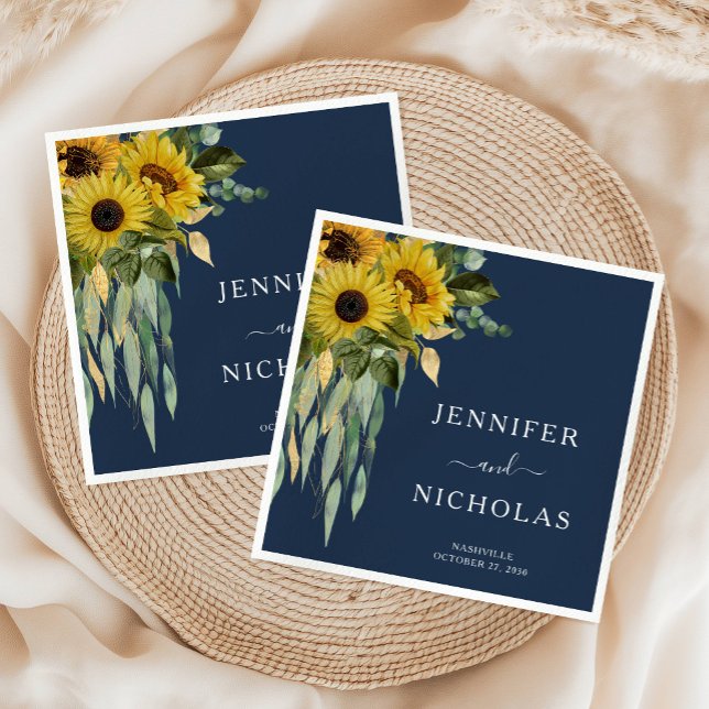 Modern Navy Blue Blommigt Solros Bröllop Pappersservett (Modern Navy Blue Floral Sunflower Wedding Napkins)