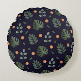 Modern Navy Blue Botanical Leaf Round Pillow Rund Kudde