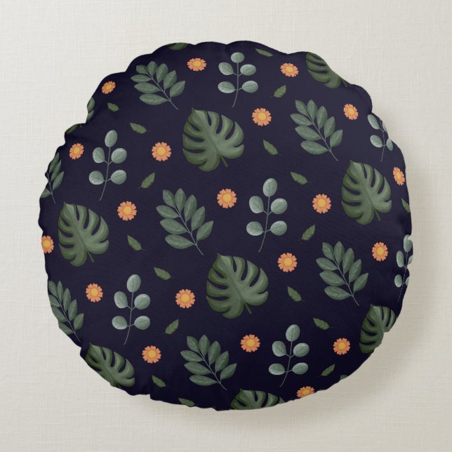 Modern Navy Blue Botanical Leaf Round Pillow Rund Kudde (Framsidan)