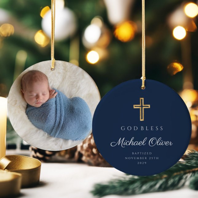 Modern Navy Blue Boy Baptism Photo Julgransprydnad Keramik (Modern Navy Blue Boy Baptism Photo Ceramic Ornament)