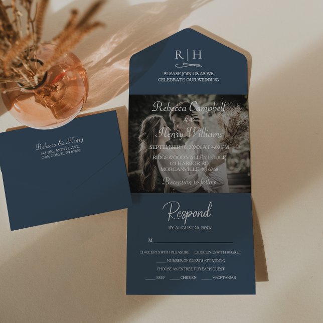 Modern Navy Blue Bröllop Photo | MonogramOSA (Simplify your wedding with our all-in-one invitation – convenience and beauty in a single card.)