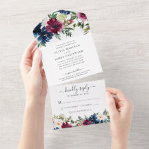 Modern Navy Blue Burgundy Elegant Blommigt Bröllop
