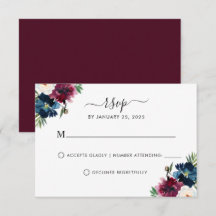 Modern Navy Blue Burgundy Elegant Blommigt Bröllop