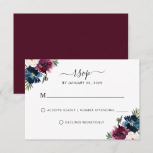Modern Navy Blue Burgundy Elegant Blommigt Bröllop OSA Kort