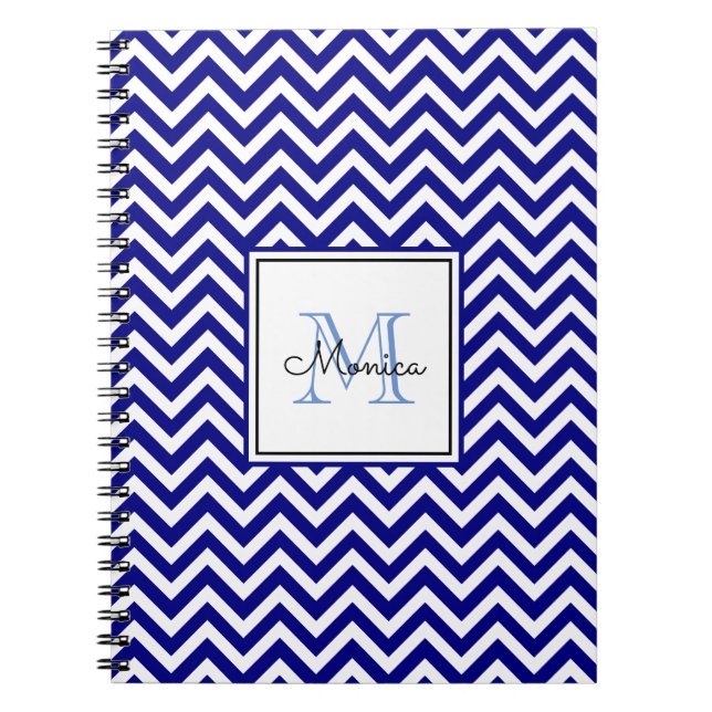 Modern Navy Blue Chevron Mönster med Monogram Anteckningsbok (Framsidan)