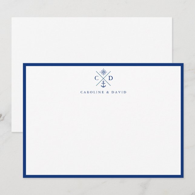 Modern Navy Blue Couple's Nautical Flat Note Card Anteckningskort (Fram/baksida)