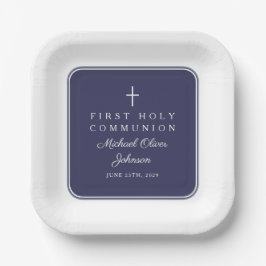 Modern Navy Blue Cross Boy First Communion