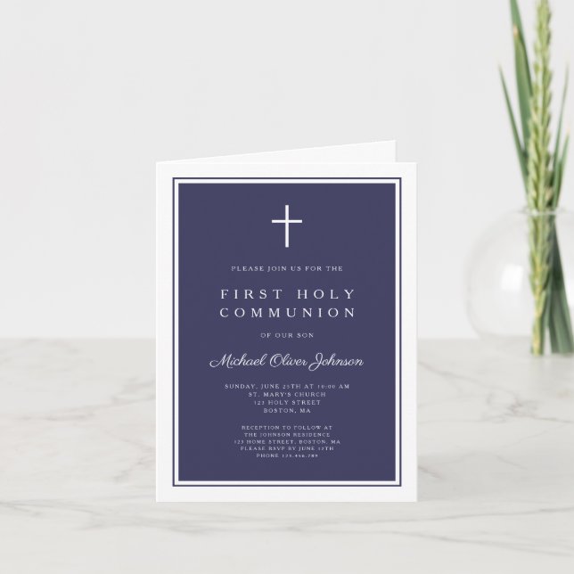 Modern Navy Blue Cross Boy First Holy Communion Inbjudan (Framsida)
