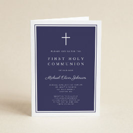 Modern Navy Blue Cross Boy First Holy Communion Inbjudan