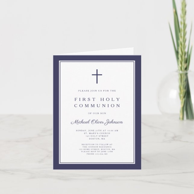 Modern Navy Blue Cross Boy First Holy Communion Inbjudan (Framsida)