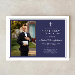 Modern Navy Blue Cross Boy Photo First Communion Inbjudningar