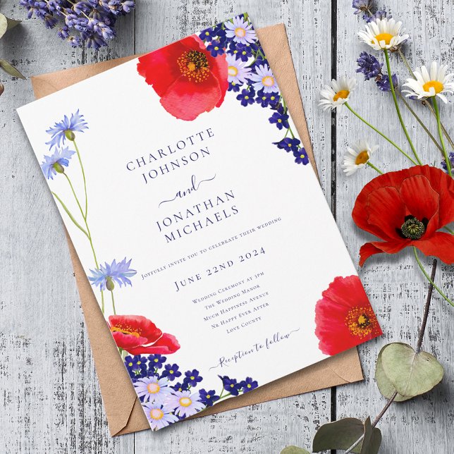 Modern Navy Blue Elegant, sommartid, Blommigt Bröl Inbjudningar (Modern wildflower floral navy blue and red wedding invitation )