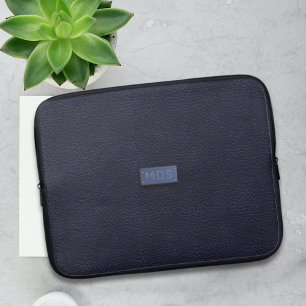 Modern Navy Blue Faux Leather look Monogrammed Laptop Fodral