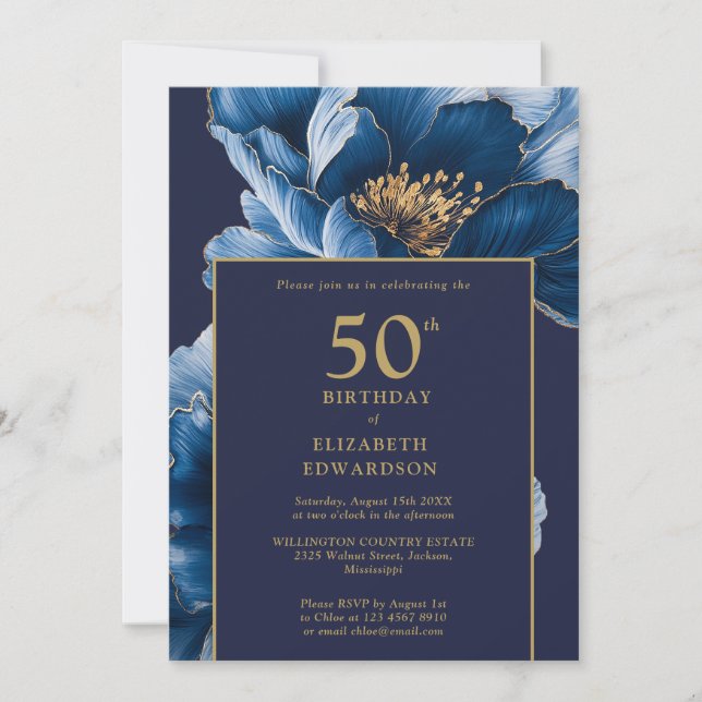 Modern Navy Blue Floral Elegant Birthday Inbjudningar (Framsida)