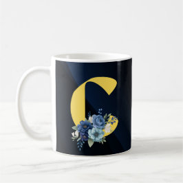 Modern Navy-Blue Floral Monogram Happy Birthday Kaffemugg