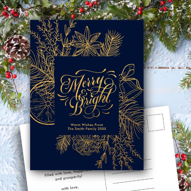 Modern Navy Blue Gräs Bough Blommigt Guld Helg Vykort (Skapare uppladdad)