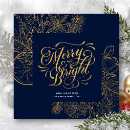 Modern Navy Blue Gräs Bough Blommigt Guld Julkort