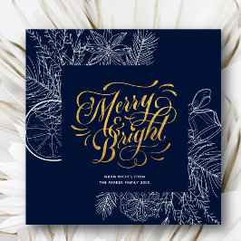 Modern Navy Blue Gräs Bough Blommigt Guld Julkort