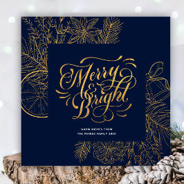 Modern Navy Blue Gräs Bough Blommigt Guld Julkort