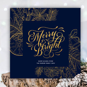 Modern Navy Blue Gräs Bough Blommigt Guld Julkort