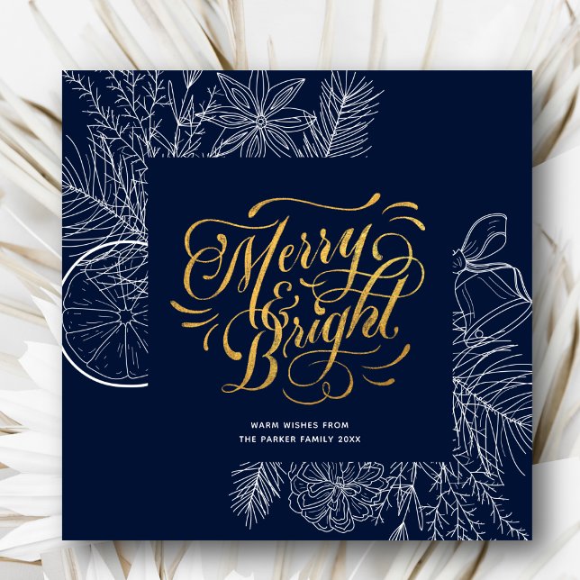 Modern Navy Blue Gräs Bough Blommigt Guld Julkort (Skapare uppladdad)