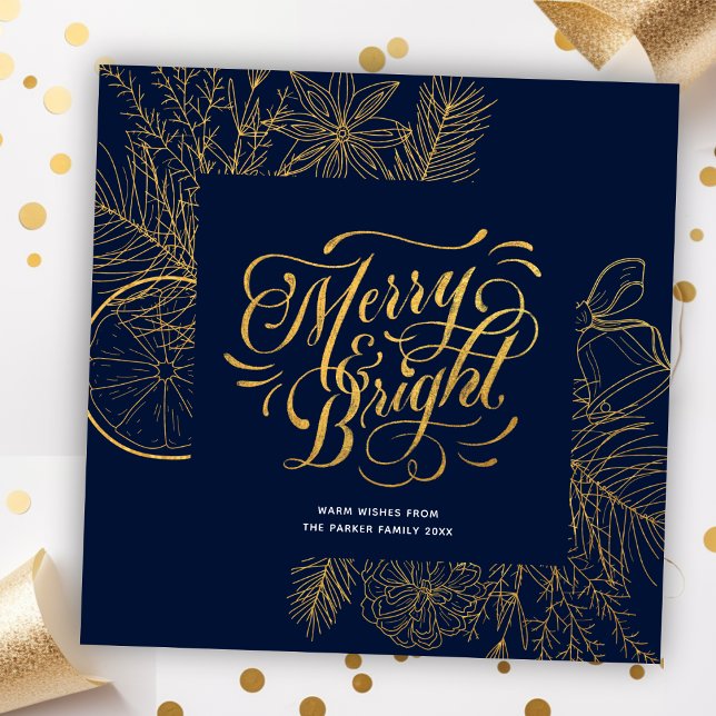 Modern Navy Blue Gräs Bough Blommigt Guld Julkort (Skapare uppladdad)