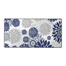 Modern Navy Blue Grått Flower Mönster