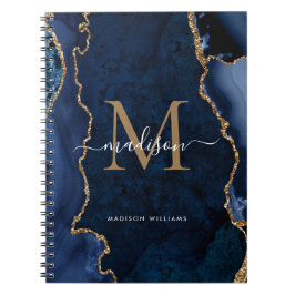 Modern Navy Blue Guld Agate Geode Monogram-skript Anteckningsbok