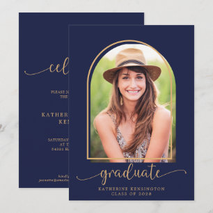 Modern Navy Blue Guld Arch Photo Studenten Inbjudningar
