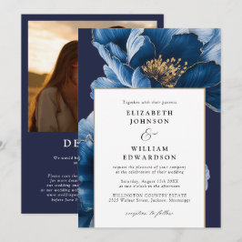 Modern Navy Blue Guld Blommigt Photo QR Code Bröll Inbjudningar
