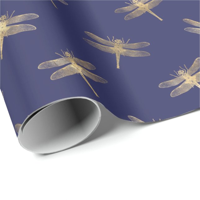 Modern Navy Blue Guld Dragonfly Mönster Presentpapper (Rullad Hörn)