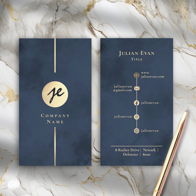 Modern Navy Blue & Guld Monogram Affärskort Visitkort (Modern Navy Blue & Gold Monogram Business Card)