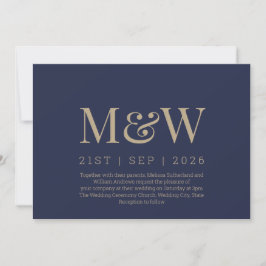 Modern Navy Blue Guld Monogram Bröllop Inbjudningar